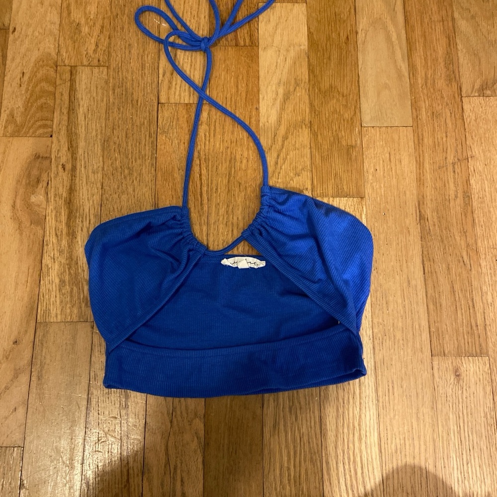 Blue Cut Out Tie Front Crop Top
